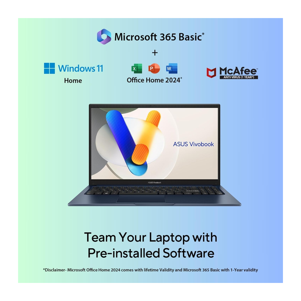 Unboxed ASUS Vivobook 15 laptop in Quiet Blue showing 15.6-inch FHD display, keyboard, and sleek design with Intel Core i5 and 16GB RAM.
