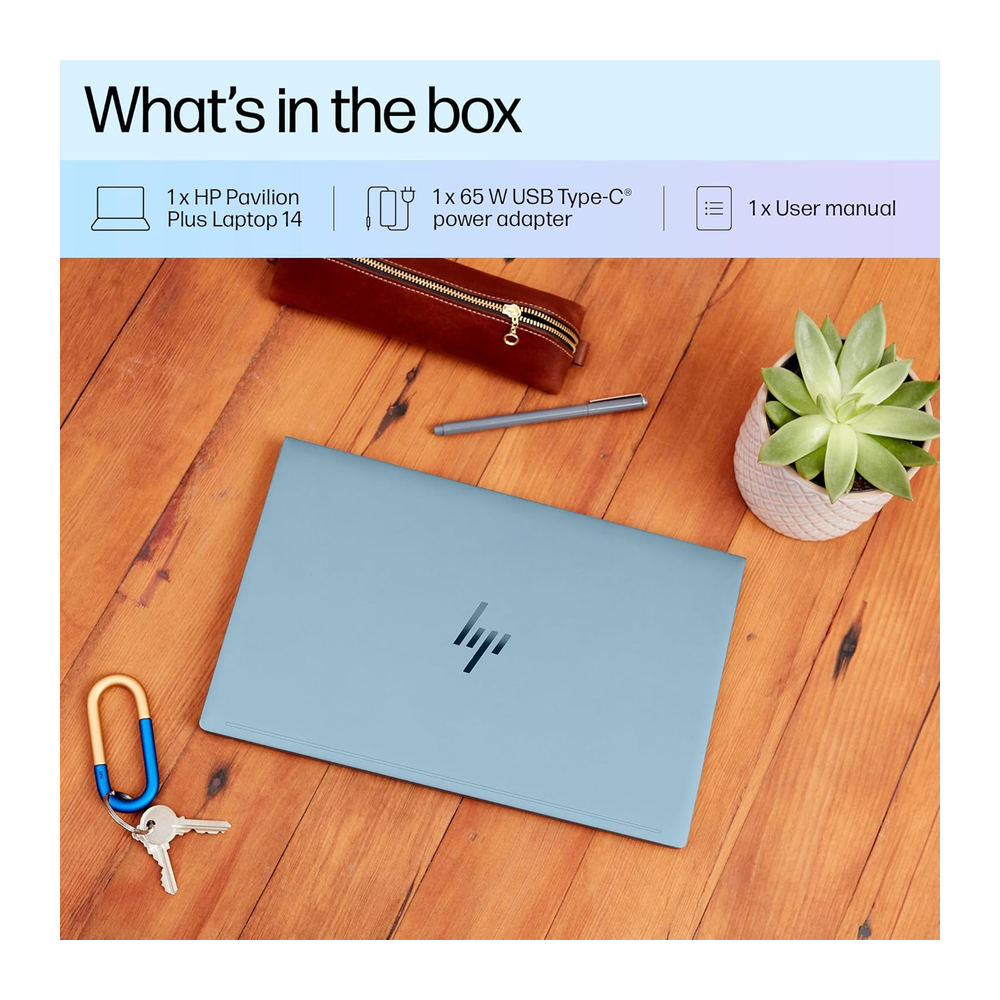 Unboxed HP Pavilion Plus AI laptop with 14-inch WQXGA display, Intel Core Ultra 5, 16GB RAM, 512GB SSD, and Intel Arc graphics.