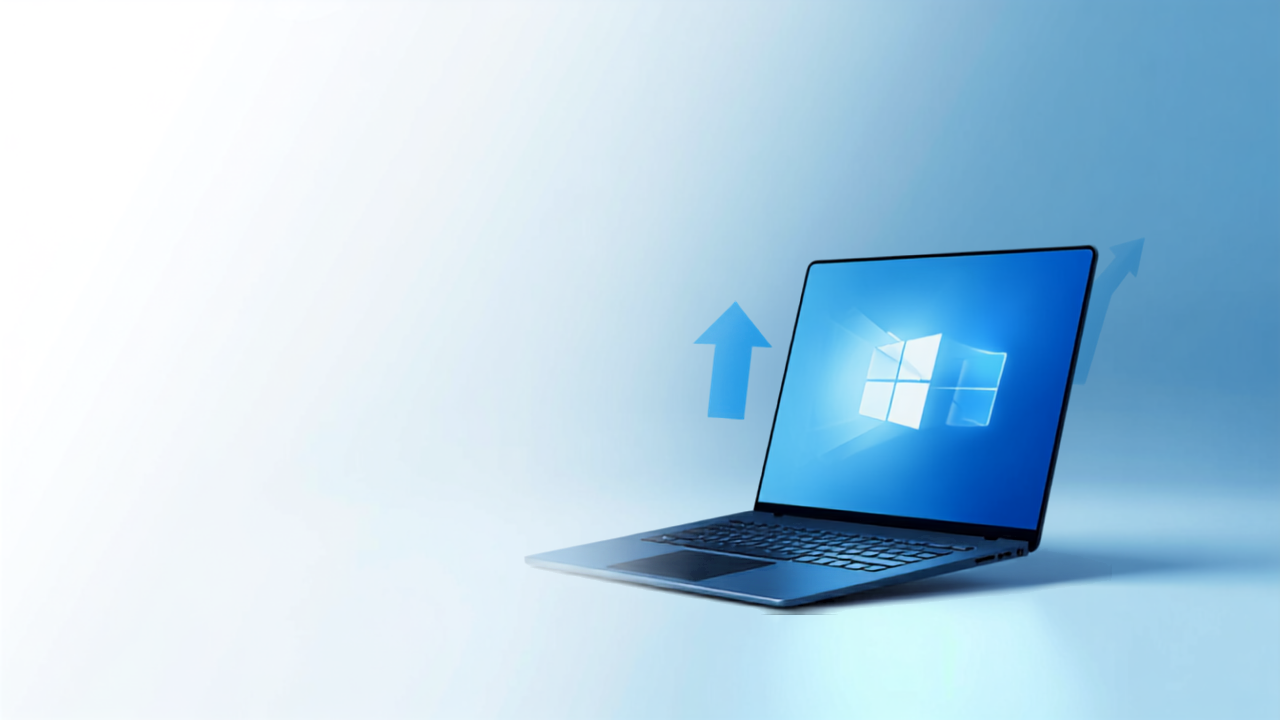 Laptop screen with an upward upgrade arrow and a 2027 calendar icon, illustrating the Windows 10 end of support and laptop upgrade decision