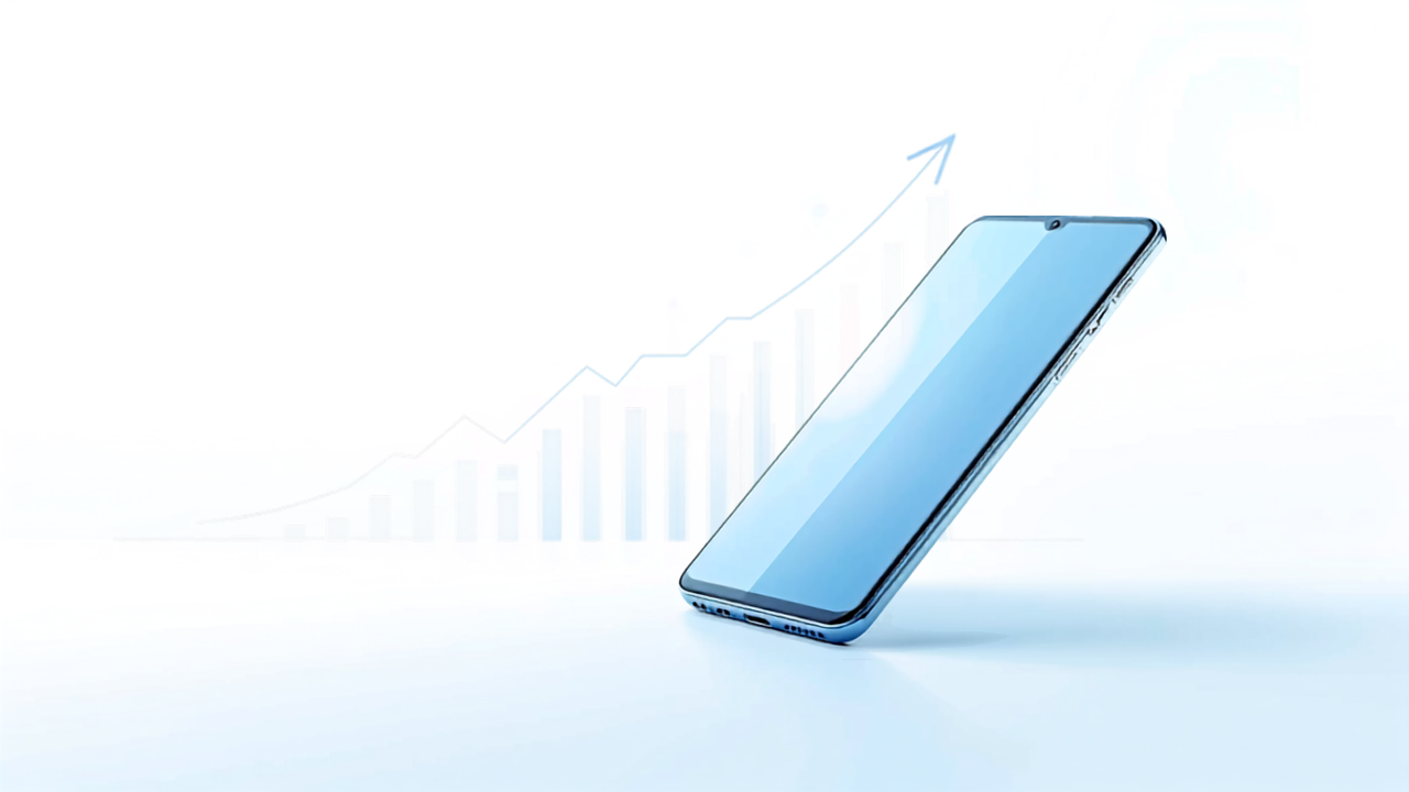 Illustration of a smartphone with an upward growth arrow representing the boom in refurbished and unboxed phone sales in India