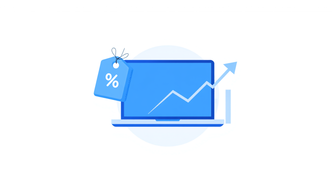 Laptop with a discount price tag and a rising price chart illustrating the 2026 RAM price crisis affecting festive season laptop discounts