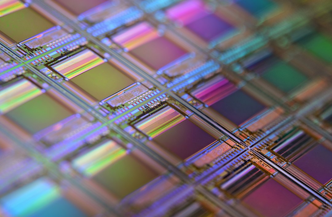 A silicon wafer with a grid of iridescent microchip dies, representing TSMC's advanced chip manufacturing