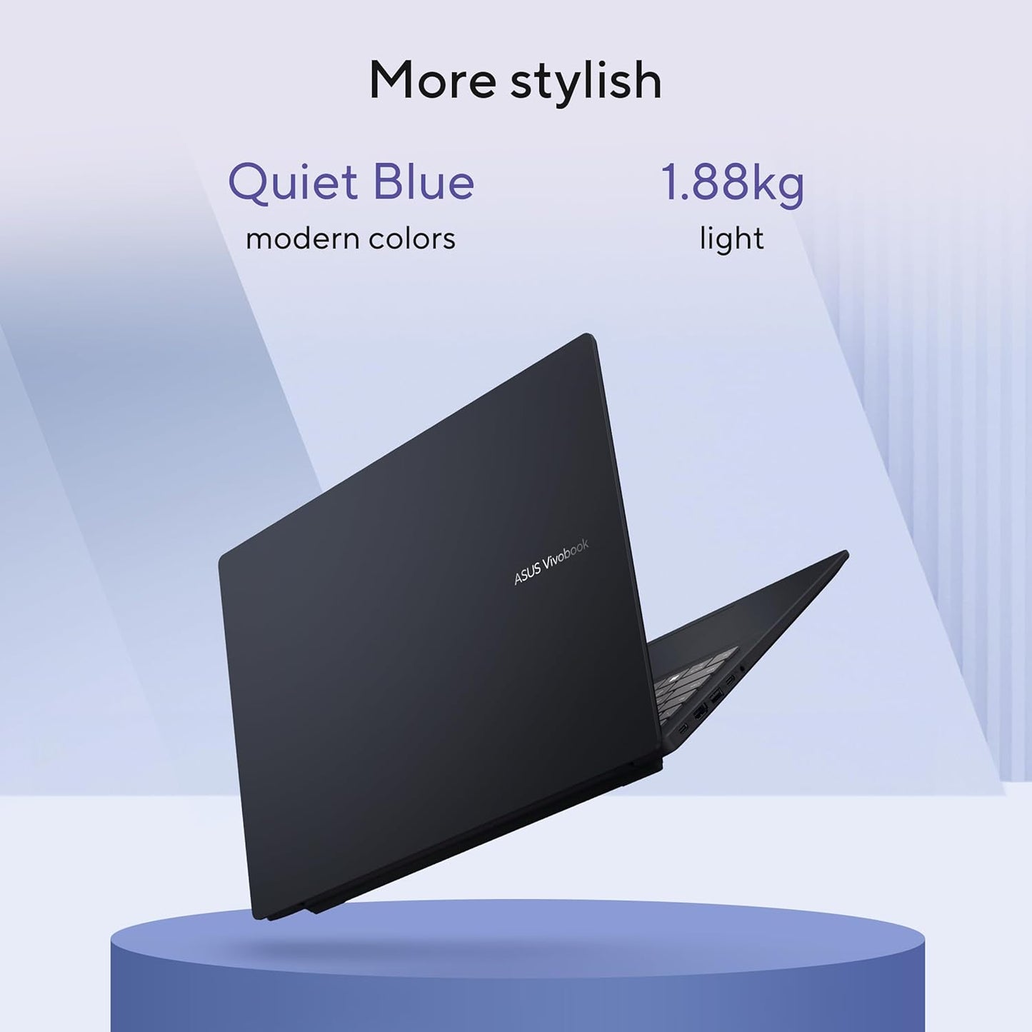ASUS Vivobook 16 laptop with Snapdragon X processor, 16GB RAM, 512GB SSD, 16" FHD+ display, in quiet blue color.