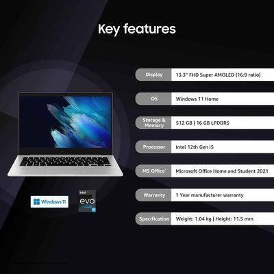Samsung Galaxy Book2 Pro 360 | Intel i5 12th Gen Evo | 16GB RAM | 512GB SSD | 13.3" AMOLED Touchscreen | 2-in-1 Laptop | S Pen | Windows 11 | Silver - NP930QED-KB3IN