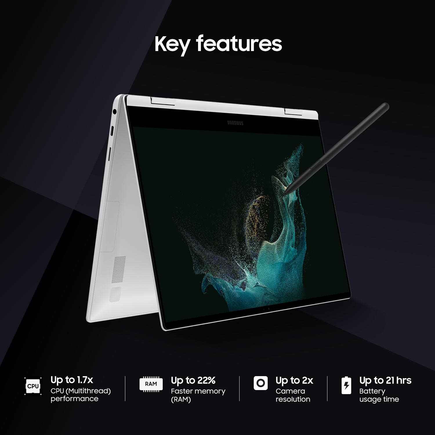 Samsung Galaxy Book2 Pro 360 | Intel i5 12th Gen Evo | 16GB RAM | 512GB SSD | 13.3" AMOLED Touchscreen | 2-in-1 Laptop | S Pen | Windows 11 | Silver - NP930QED-KB3IN