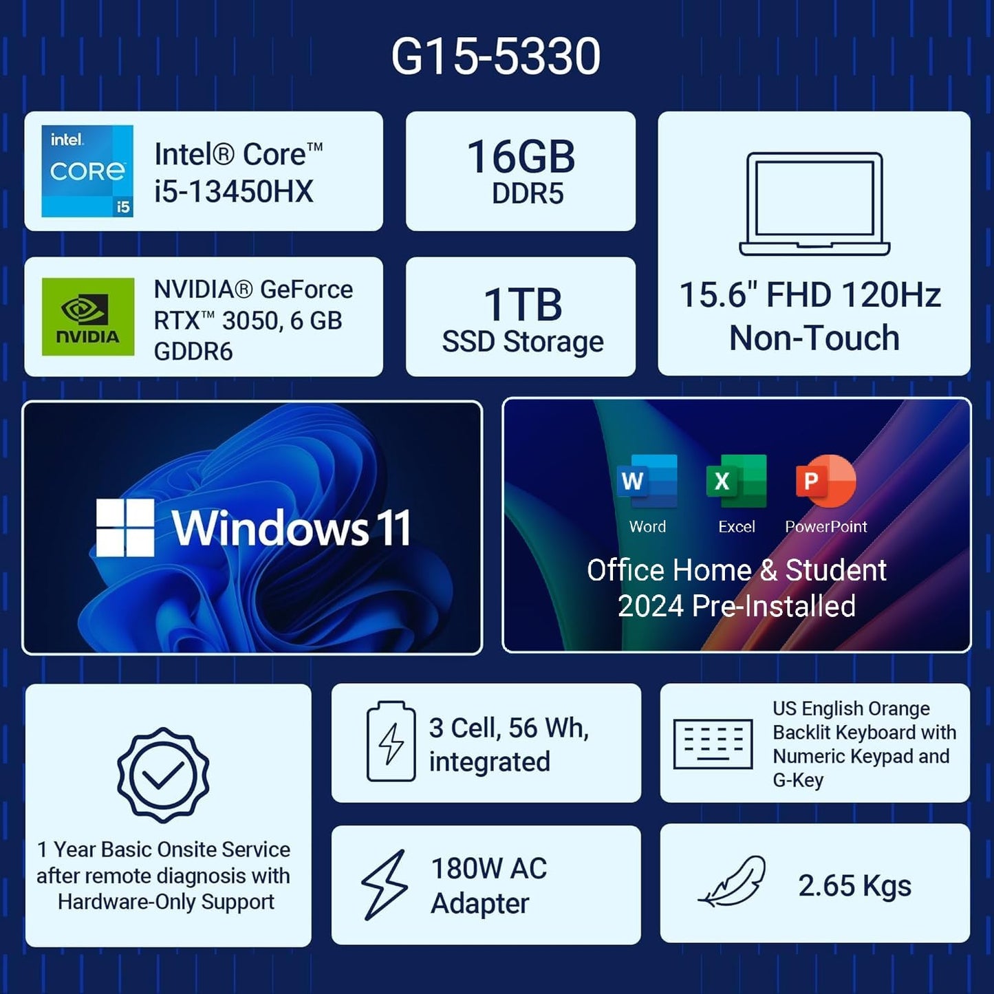 Dell SmartChoice G15 Gaming Laptop | 13th Gen Intel Core i5-13450HX | RTX 3050 6GB | 16GB RAM | 1TB SSD | 15.6" FHD Display | Orange Backlit Keyboard | Win 11 | Office Home 2024