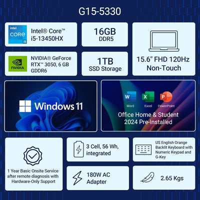Dell SmartChoice G15 Gaming Laptop | 13th Gen Intel Core i5-13450HX | RTX 3050 6GB | 16GB RAM | 1TB SSD | 15.6" FHD Display | Orange Backlit Keyboard | Win 11 | Office Home 2024