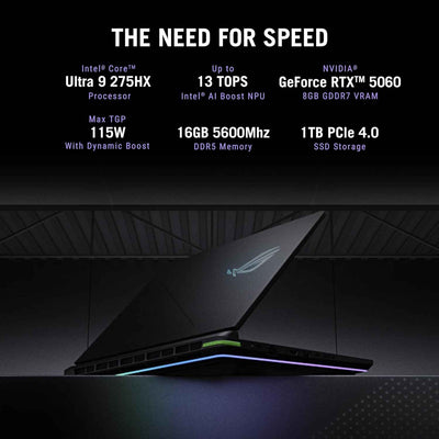 ASUS ROG Strix G16 Gaming Laptop | Intel Core Ultra 9 275HX | RTX 5060 8GB 115W | 16GB RAM | 1TB SSD | 16" 2.5K 240Hz | Windows 11 | Eclipse Gray - G615LM-S5128WS