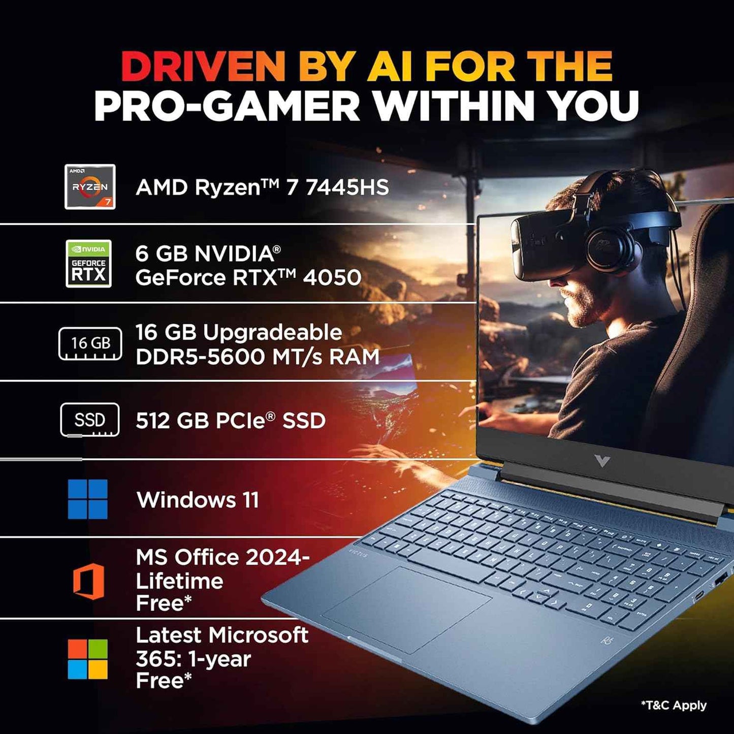 HP Victus Gaming Laptop | Ryzen 7 7445HS | RTX 4050 6GB | 16GB DDR5 RAM | 512GB SSD | 15.6" FHD 144Hz | Windows 11 | Office 2024 | Blue - fb3130AX