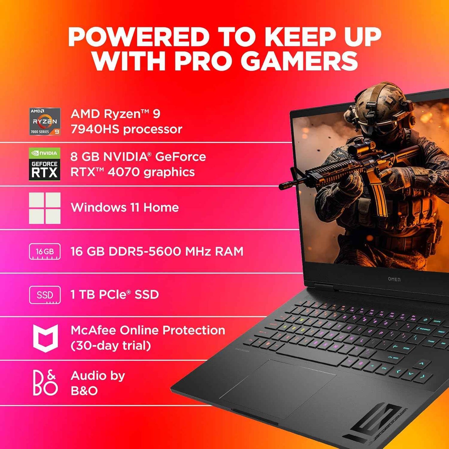 HP Omen Gaming Laptop | Ryzen 9 7940HS | RTX 4070 8GB | 16GB DDR5 RAM | 1TB SSD | 16.1" FHD 165Hz | RGB Keyboard | Windows 11 | Black -