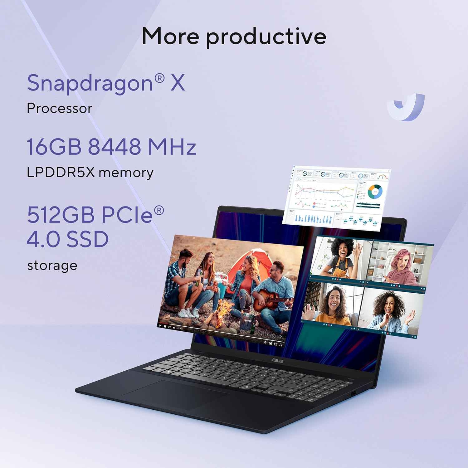 ASUS Vivobook 16 Laptop | Snapdragon X Processor | 16GB RAM | 512GB SSD | 16" FHD+ Display | Windows 11 | Office 2024 | AI Laptop | Quiet Blue - X1607QA-MB049WS