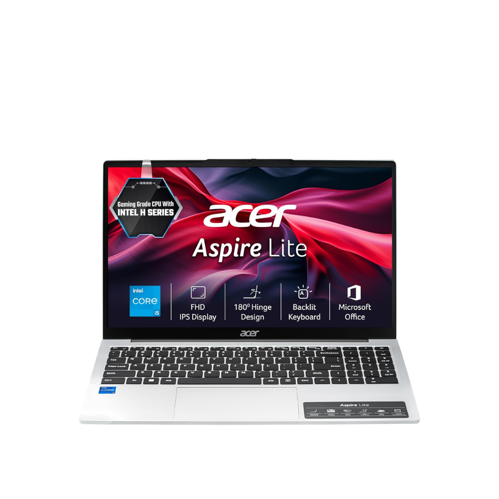 Acer Aspire Lite 15.6-inch Silver laptop with 12th Gen Intel Core i5, 16GB RAM, 512GB SSD, backlit keyboard, and Full HD display.