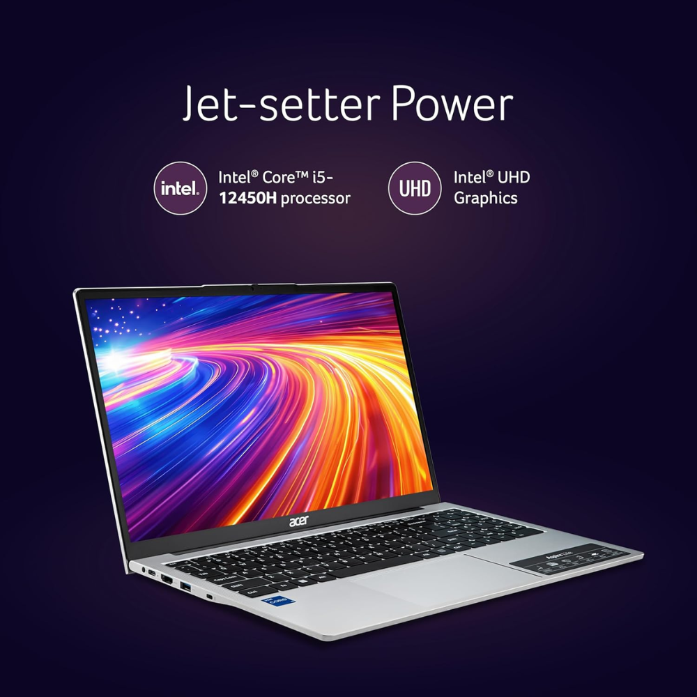 Unboxed Acer Aspire Lite laptop with 15.6" Full HD IPS display, 12th Gen Intel Core i5, 16GB RAM, 512GB SSD, silver finish.
