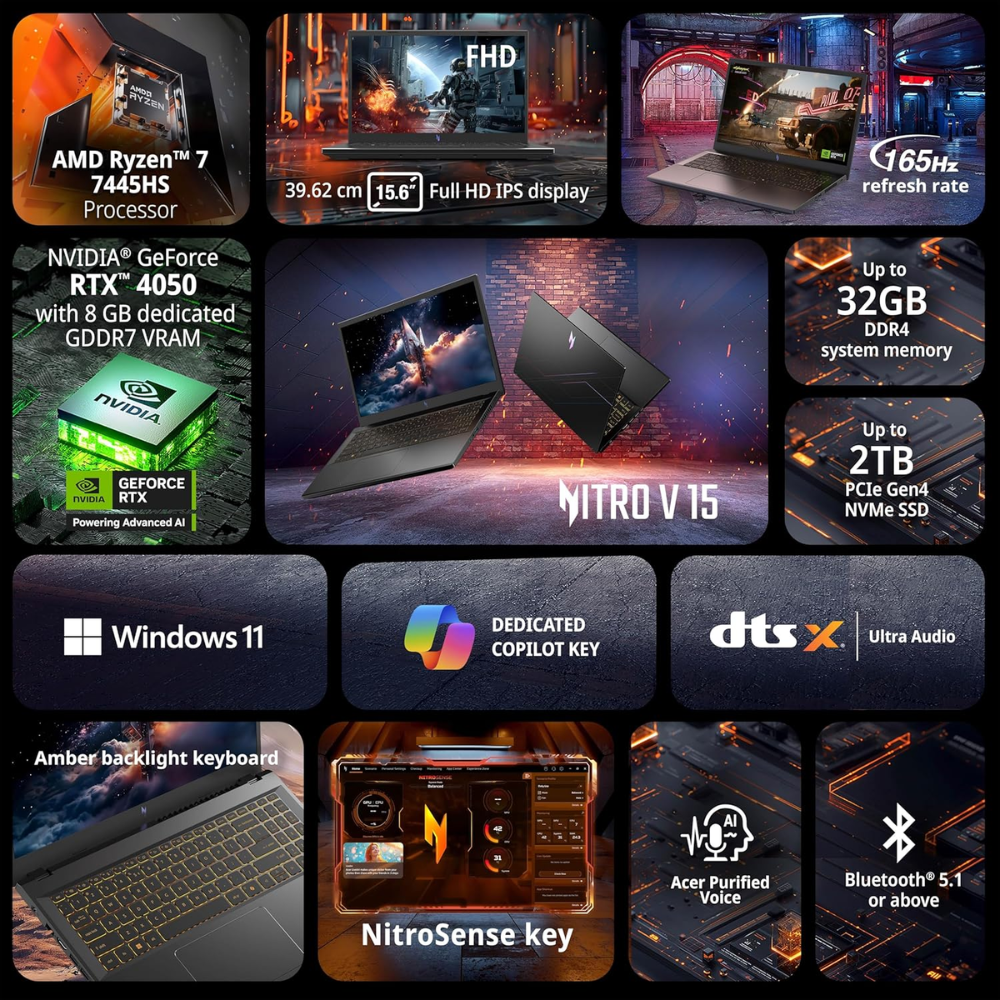 Acer Nitro V 15 gaming laptop in obsidian black with 15.6" FHD IPS display, AMD Ryzen 7, RTX 4050, 16GB DDR5 RAM, 512GB SSD