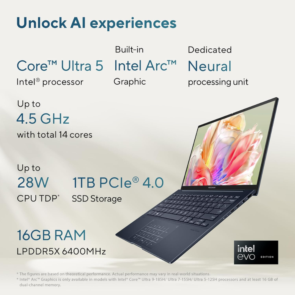 Unboxed ASUS Zenbook 14 OLED laptop in Ponder Blue with 14" 3K OLED touch display, Intel Core Ultra 5, 16GB RAM, 1TB SSD, Win 11