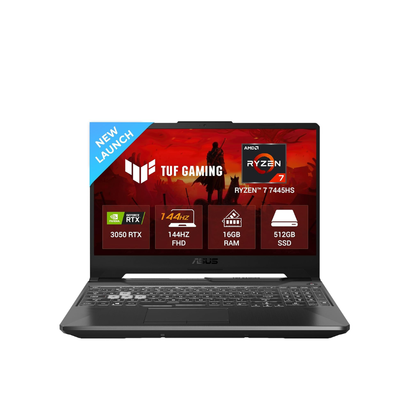 ASUS TUF A15 gaming laptop with Ryzen 7, RTX 3050, 16GB DDR5 RAM, 512GB SSD, 15.6" FHD display, RGB keyboard in graphite black
