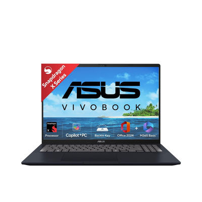 ASUS Vivobook 16 laptop in quiet blue with 16" FHD+ display, Snapdragon X processor, 16GB RAM, 512GB SSD, running Windows 11.