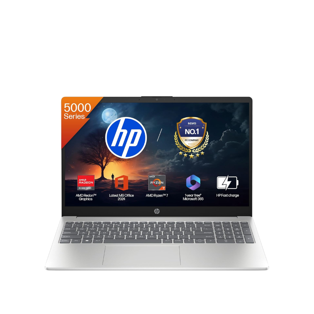 Unboxed HP 15 Ryzen 7 laptop in natural silver with 15.6" FHD display, backlit keyboard, 16GB RAM, 512GB SSD, Windows 11.