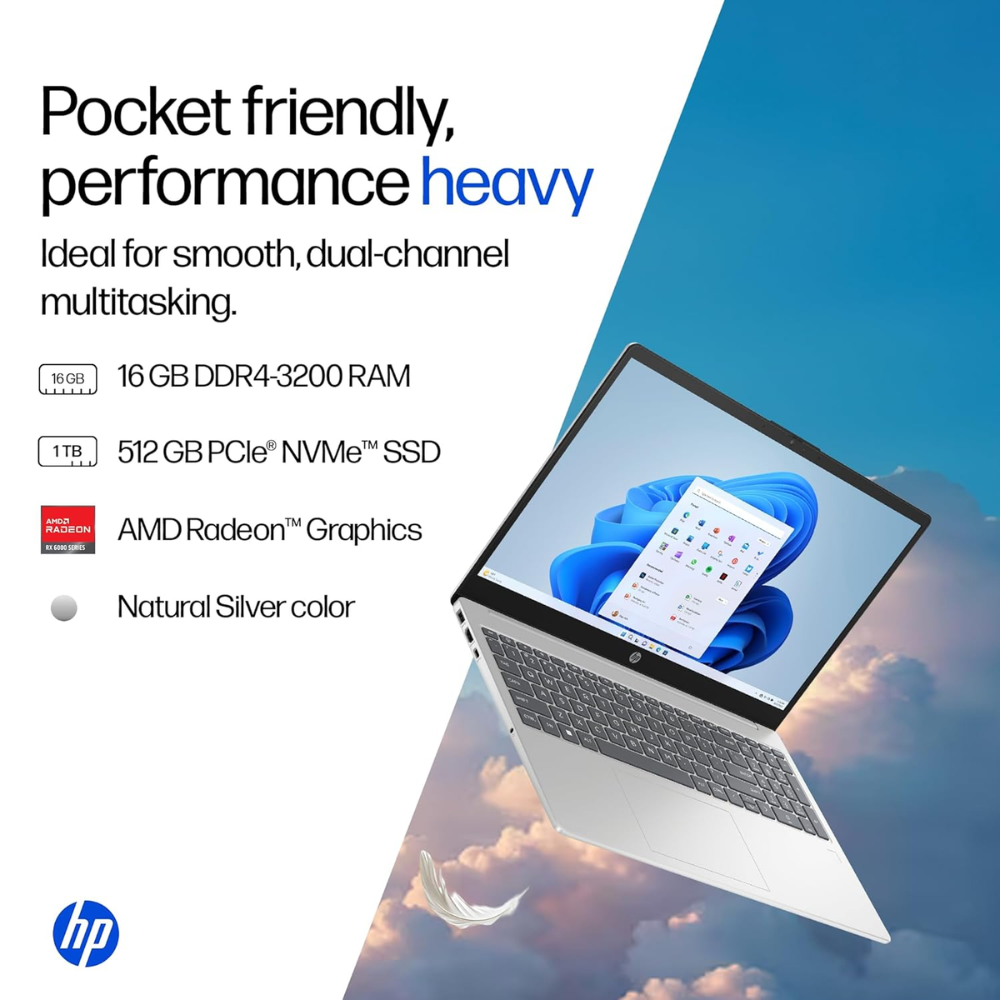 HP 15 Ryzen 7 laptop with 16GB RAM, 512GB SSD, 15.6" FHD anti-glare display, backlit keyboard in natural silver.