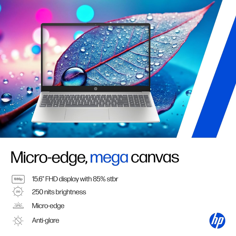 Unboxed HP 15 Laptop with Ryzen 7, 16GB RAM, 512GB SSD, 15.6" FHD anti-glare display, backlit keyboard in natural silver.