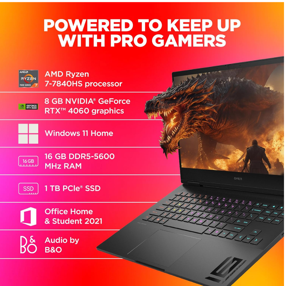HP OMEN 16 Gaming Laptop | AMD Ryzen 7 7840HS | RTX 4060 8GB | 16GB DDR5 RAM | 1TB SSD | 16.1" FHD 165Hz IPS 300 Nits | RGB Key | Win 11 | Office 2021 | XD0020AX - Get Like New