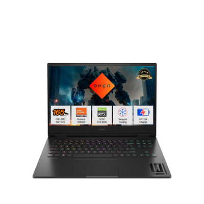 HP Omen gaming laptop with Ryzen 9 processor, RTX 4070, 16GB DDR5 RAM, 1TB SSD, 16.1" FHD display, RGB keyboard, black.