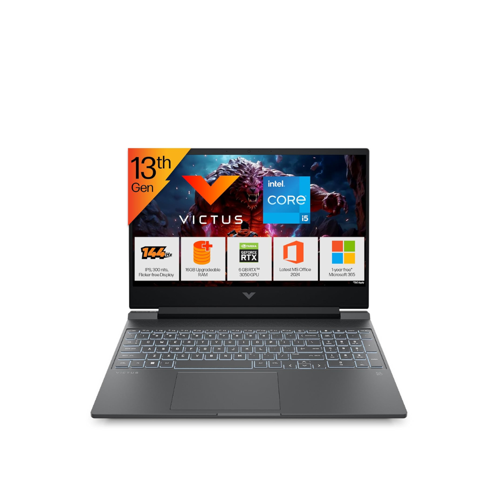 HP Victus gaming laptop with 15.6-inch FHD display, Intel Core i5, RTX 3050, 16GB RAM, 512GB SSD, Windows 11, and accessories