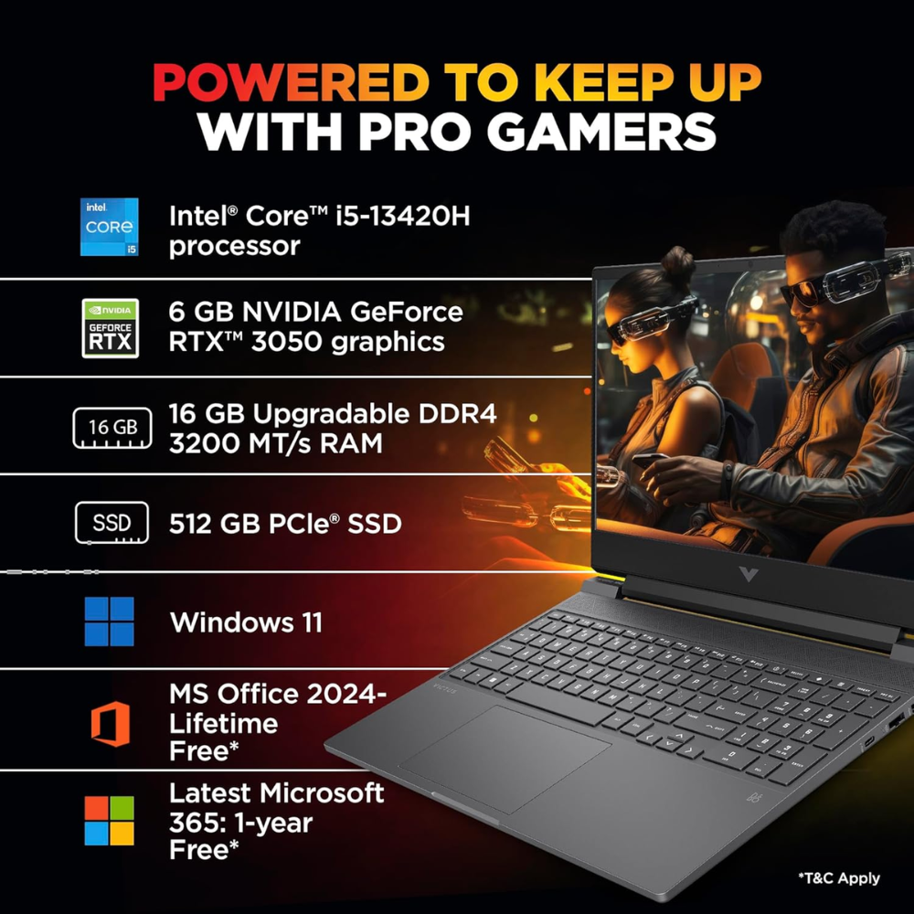 HP Victus gaming laptop with 15.6-inch FHD display, Intel Core i5, RTX 3050, 16GB RAM, 512GB SSD, Windows 11, shown open.