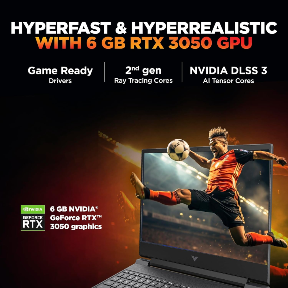 HP Victus gaming laptop with 15.6-inch FHD display, Intel i5, RTX 3050, 16GB RAM, 512GB SSD, Windows 11, in natural lighting.