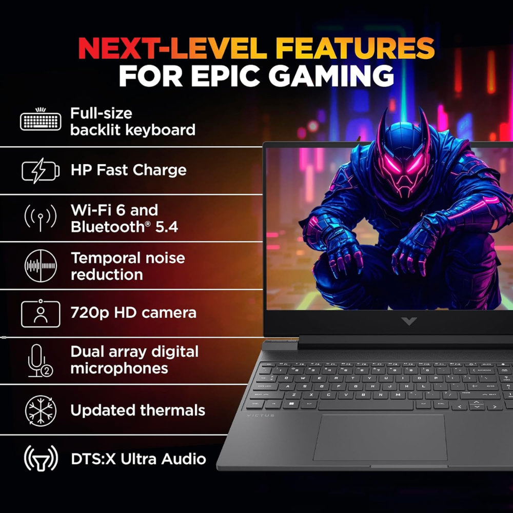 HP Victus gaming laptop with 13th Gen Intel Core i5, RTX 3050, 16GB RAM, 15.6" FHD display, Windows 11, and sleek design.