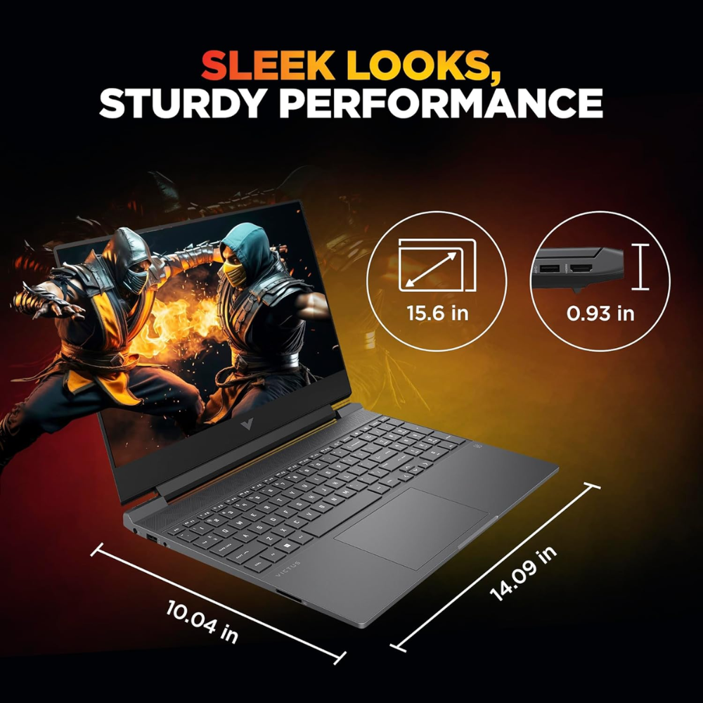 HP Victus gaming laptop with 13th Gen Intel Core i5, RTX 3050, 16GB RAM, 15.6" FHD display, Windows 11, open with keyboard visible