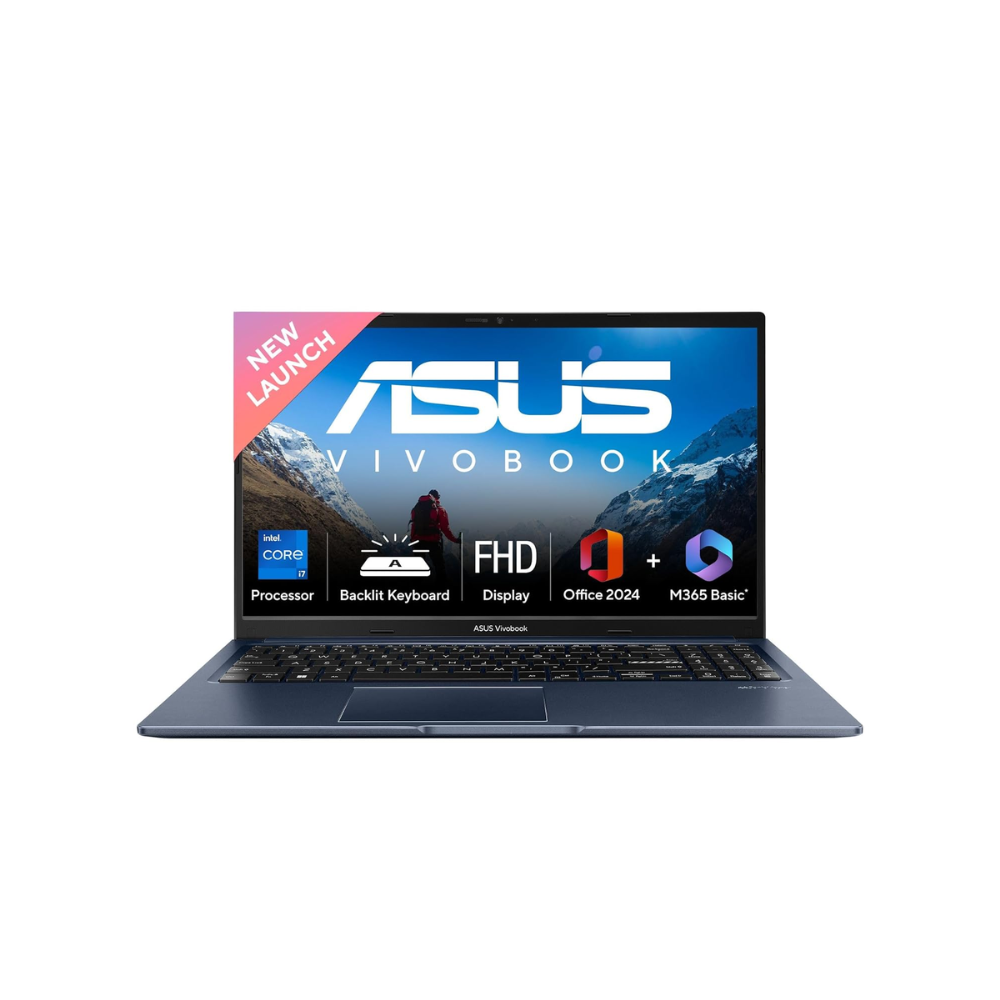 Unboxed ASUS Vivobook 15 laptop with 13th Gen Intel Core i7, 16GB RAM, 1TB SSD, 15.6" FHD display, backlit keyboard, quiet blue color.