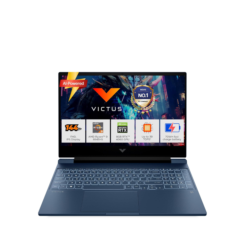HP Victus gaming laptop with Ryzen 9, RTX 4060, 16GB RAM, 1TB SSD, 15.6-inch FHD display in blue color.