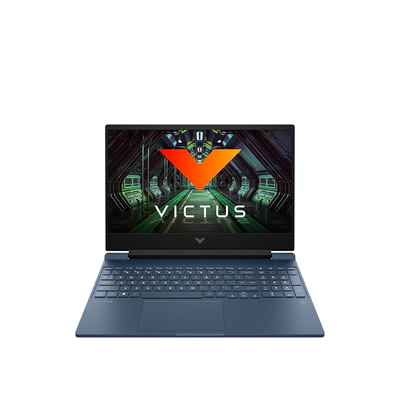 HP Victus 15 gaming laptop with Ryzen 5, Radeon RX 6500M, 8GB RAM, 512GB SSD, 15.6" FHD display, blue backlit keyboard.