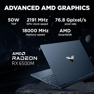 HP Victus 15 gaming laptop with Ryzen 5, Radeon RX 6500M, 8GB RAM, 512GB SSD, 15.6" FHD display, backlit keyboard.