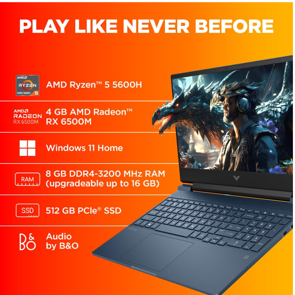 HP Victus 15 gaming laptop with Ryzen 5, Radeon RX 6500M, 8GB RAM, 512GB SSD, 15.6" FHD display, backlit keyboard.