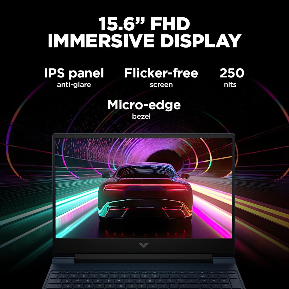 HP Victus 15 gaming laptop with Ryzen 5, Radeon RX 6500M, 8GB RAM, 512GB SSD, 15.6-inch FHD display, backlit keyboard, blue color