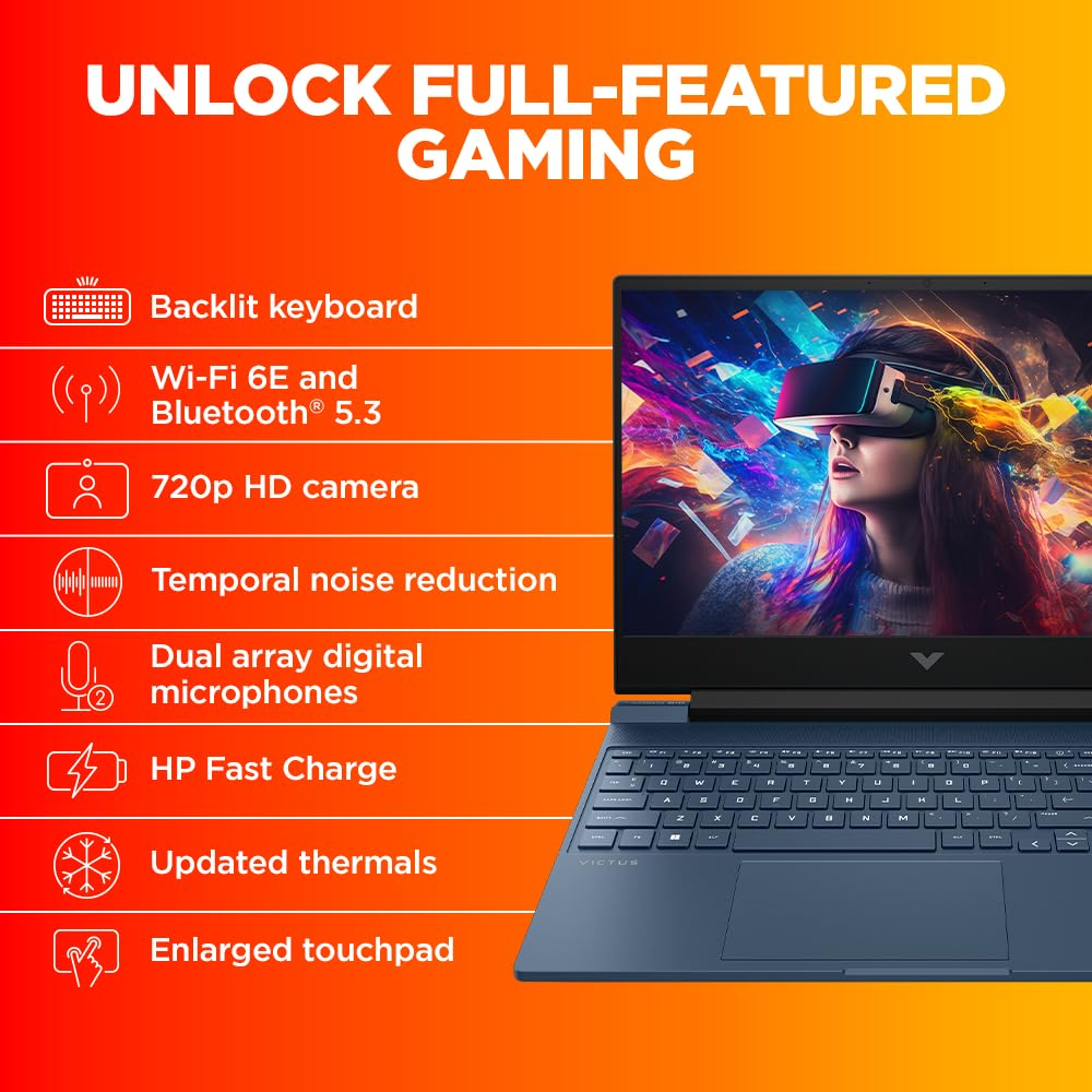 HP Victus 15 gaming laptop with Ryzen 5 5600H, Radeon RX 6500M, 8GB RAM, 512GB SSD, 15.6" FHD display, backlit keyboard