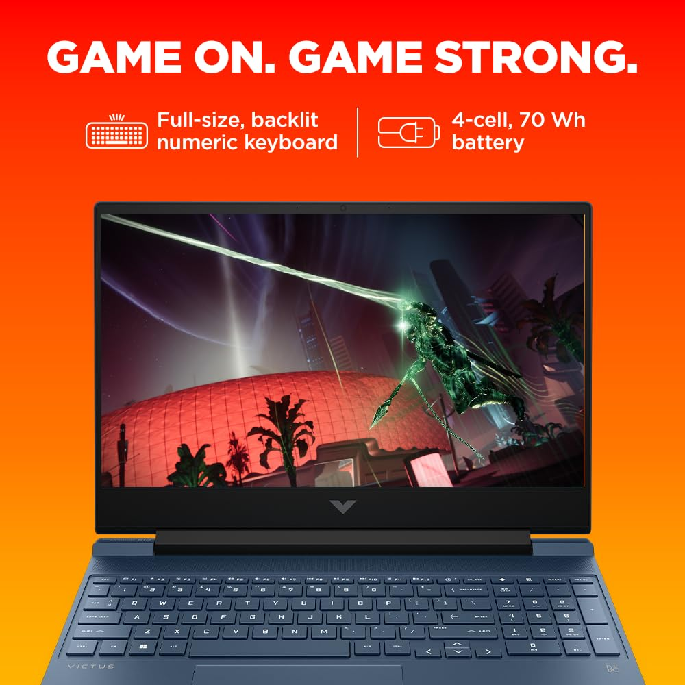 HP Victus 15 gaming laptop with Ryzen 5, Radeon RX 6500M, 8GB RAM, 512GB SSD, 15.6" FHD display, backlit keyboard in Performance Blue