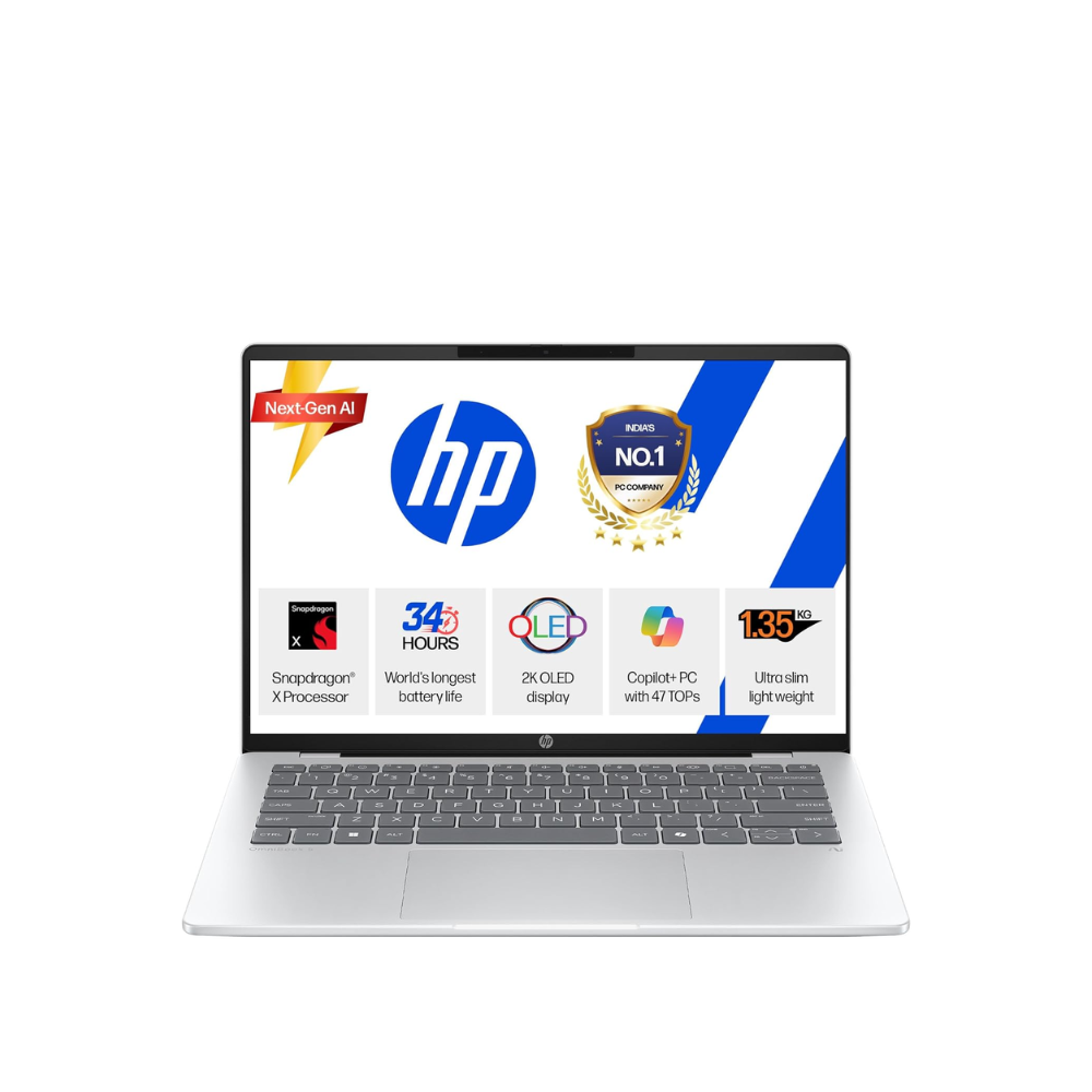 Unboxed HP OmniBook 5 OLED laptop with 14-inch 2K display, Snapdragon X, 16GB RAM, 1TB SSD, silver, ultra-light design