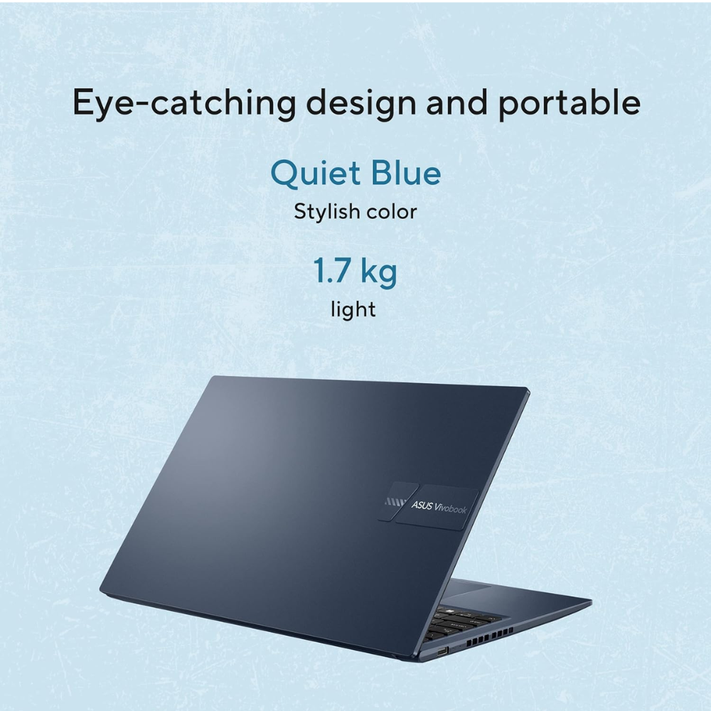 ASUS Vivobook 15 laptop with 15.6-inch FHD display, Intel Core i7, 16GB RAM, 1TB SSD, backlit keyboard, in quiet blue color.