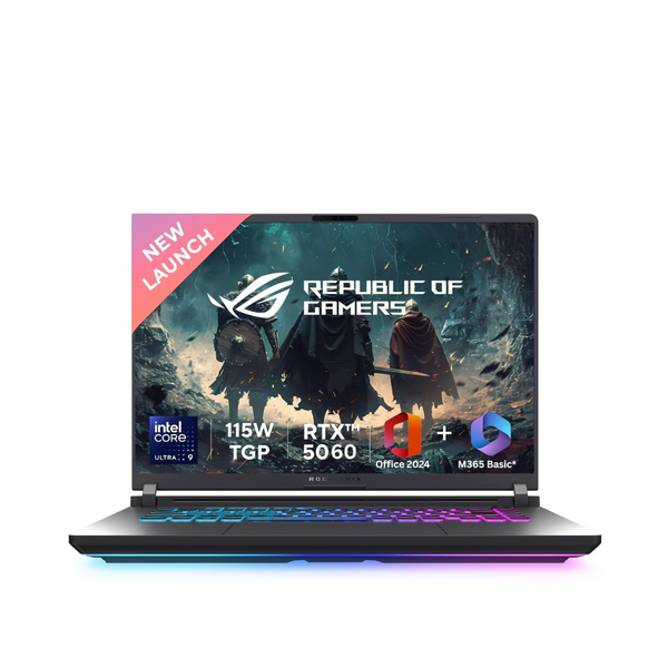 ASUS ROG Strix G16 gaming laptop in eclipse gray with 16-inch 2.5K display, Intel Core Ultra, RTX 5060, 16GB RAM, 1TB SSD