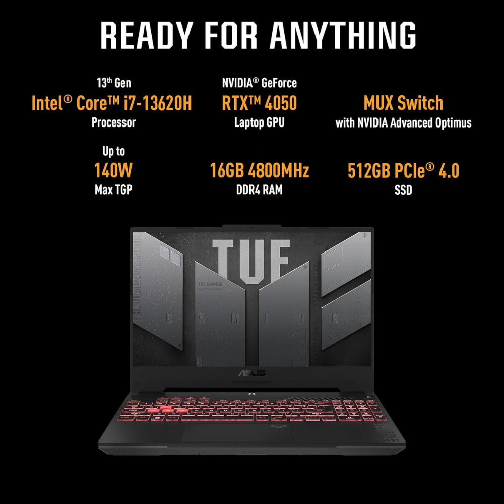 ASUS TUF Gaming F15 Laptop | 13th Gen Intel Core i7-13620H | RTX 4050 6GB (140W) | 16GB RAM | 512GB SSD | 15.6" FHD 144Hz | RGB Key | Win 11 | Office 2021 | FX507VU-LP210WS - Get Like New