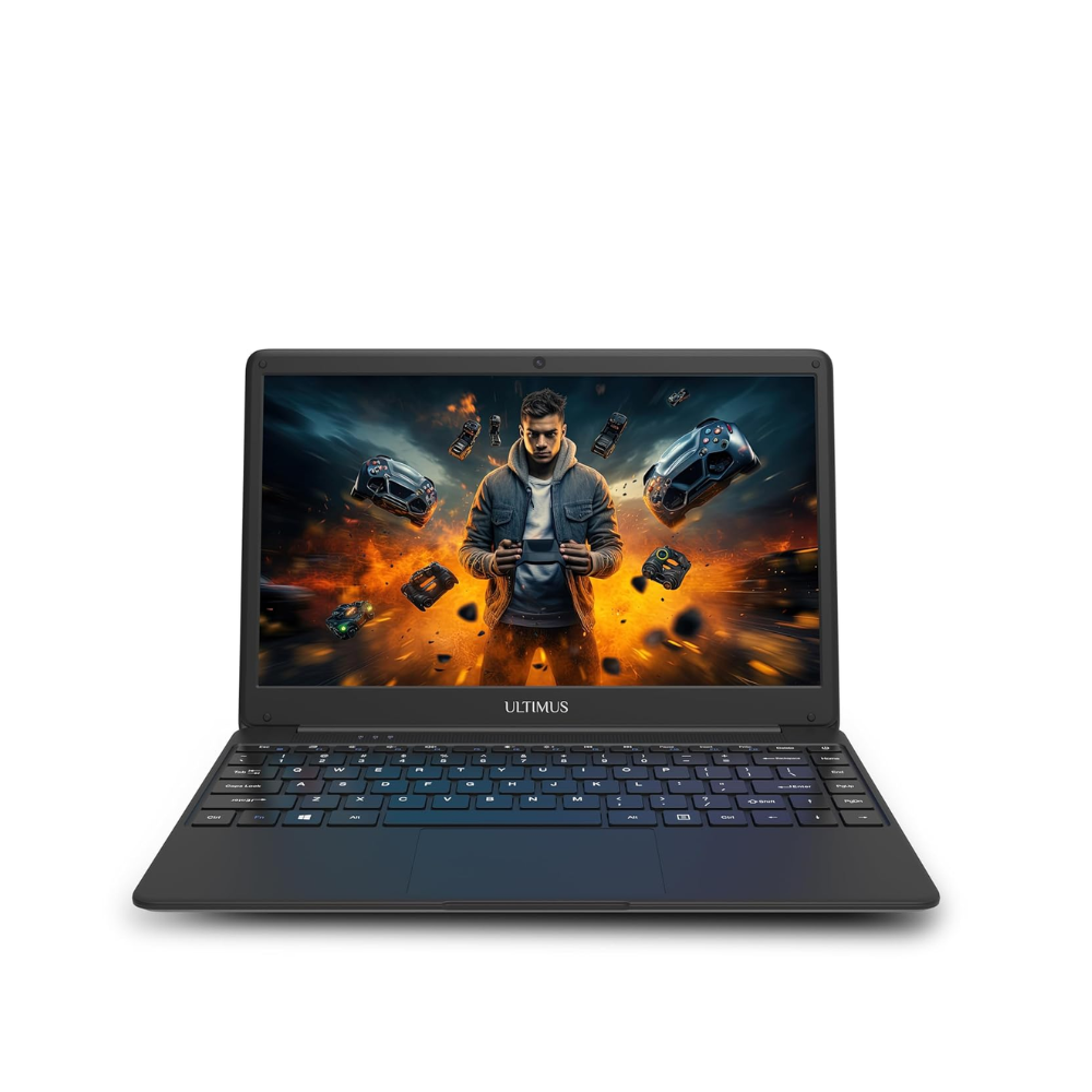 Black Ultimus U3 Ryzen 5 5500U laptop with 14.1" FHD IPS display, 8GB RAM, 512GB SSD, Windows 11, thin and lightweight design.