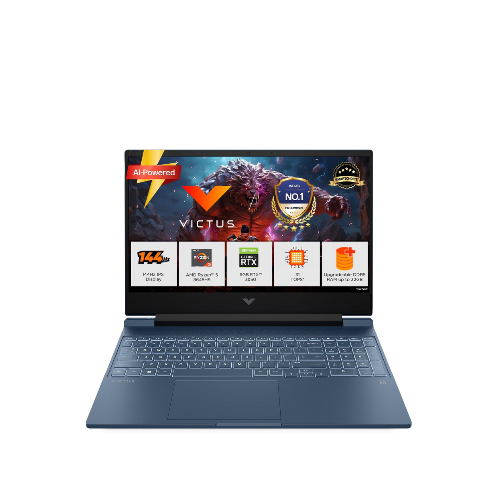 HP Victus gaming laptop with AMD Ryzen 5, RTX 3050 graphics, 144Hz display, shown from a front angle.