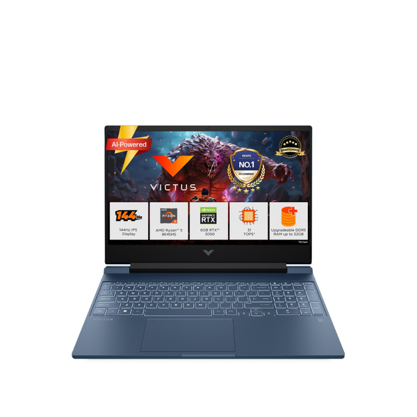 HP Victus gaming laptop with AMD Ryzen 5, RTX 3050 graphics, 144Hz display, shown from a front angle.