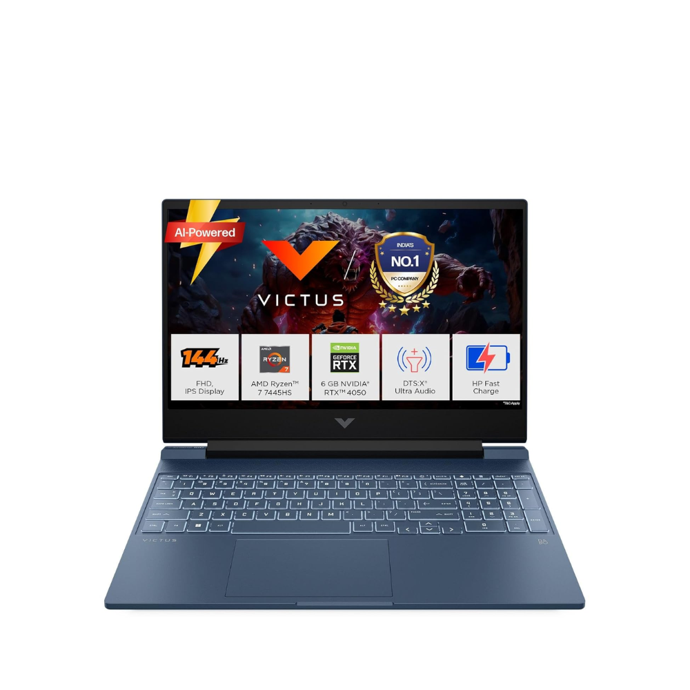 HP Victus gaming laptop with Ryzen 7, RTX 4050, 16GB DDR5 RAM, 512GB SSD, 15.6-inch FHD display, blue color.