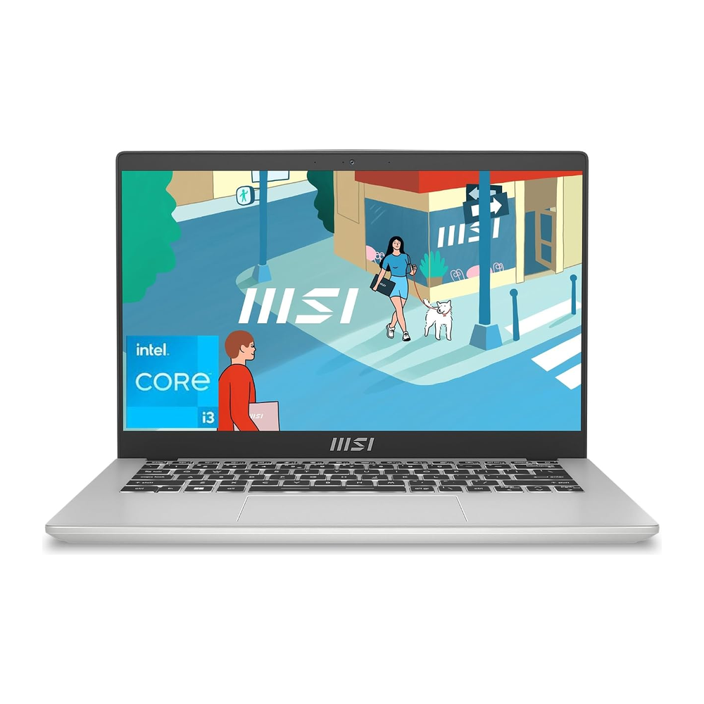 Unboxed MSI Modern 14 laptop with 13th Gen Intel Core i3, 8GB RAM, 512GB SSD, 14-inch FHD display in Urban Silver color.