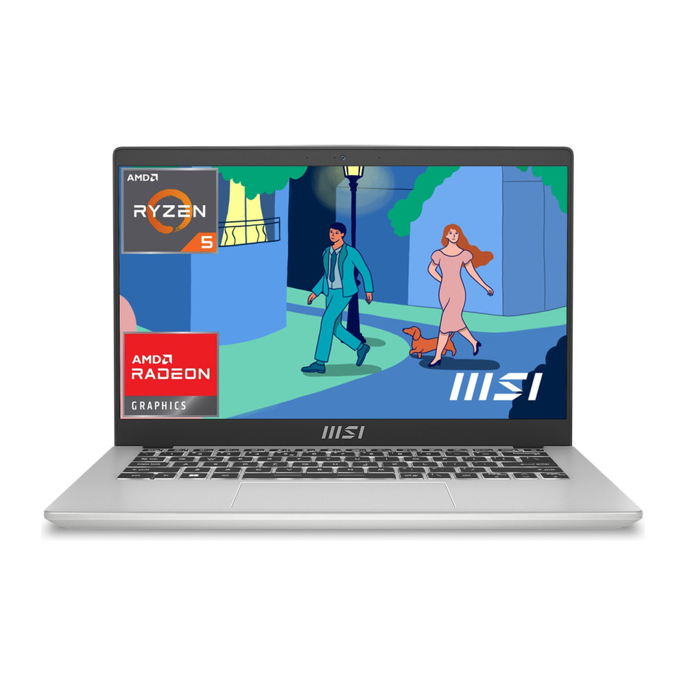 Unboxed MSI Modern 14 business laptop with AMD Ryzen 5, 16GB RAM, 512GB SSD, 14" FHD IPS display, running Windows 11.