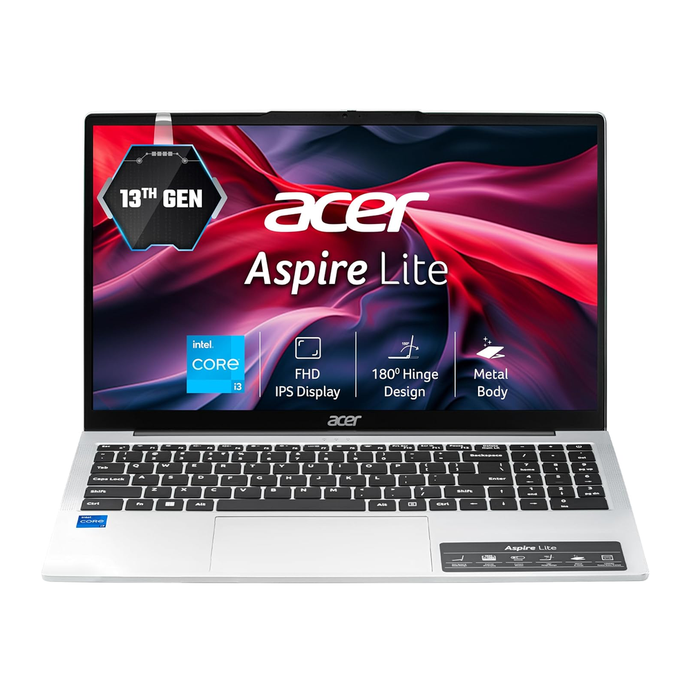 Get Like New Acer Aspire Lite laptop with 13th Gen Intel Core i3, 16GB RAM, 512GB SSD, 15.6" FHD display, steel grey metal body.